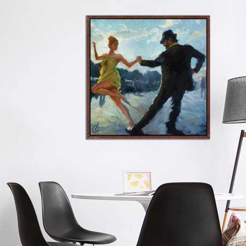 Tango In The Piazza by Christopher Clark - Painting on Canvas, 93.98 cm H x 93.98 cm W, Classic Brown Wood Framed