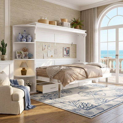 Murphy Platform Bed with Shelf, Side Cabinets, and Drawers, All-in-One Space-Saving Wall Bed for Home Office and Guest Room