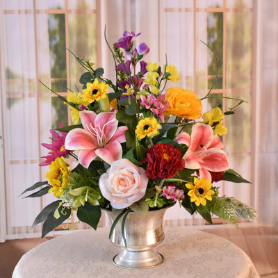 Mixed Summer Silk Floral Design in Silver Urn with Lilies