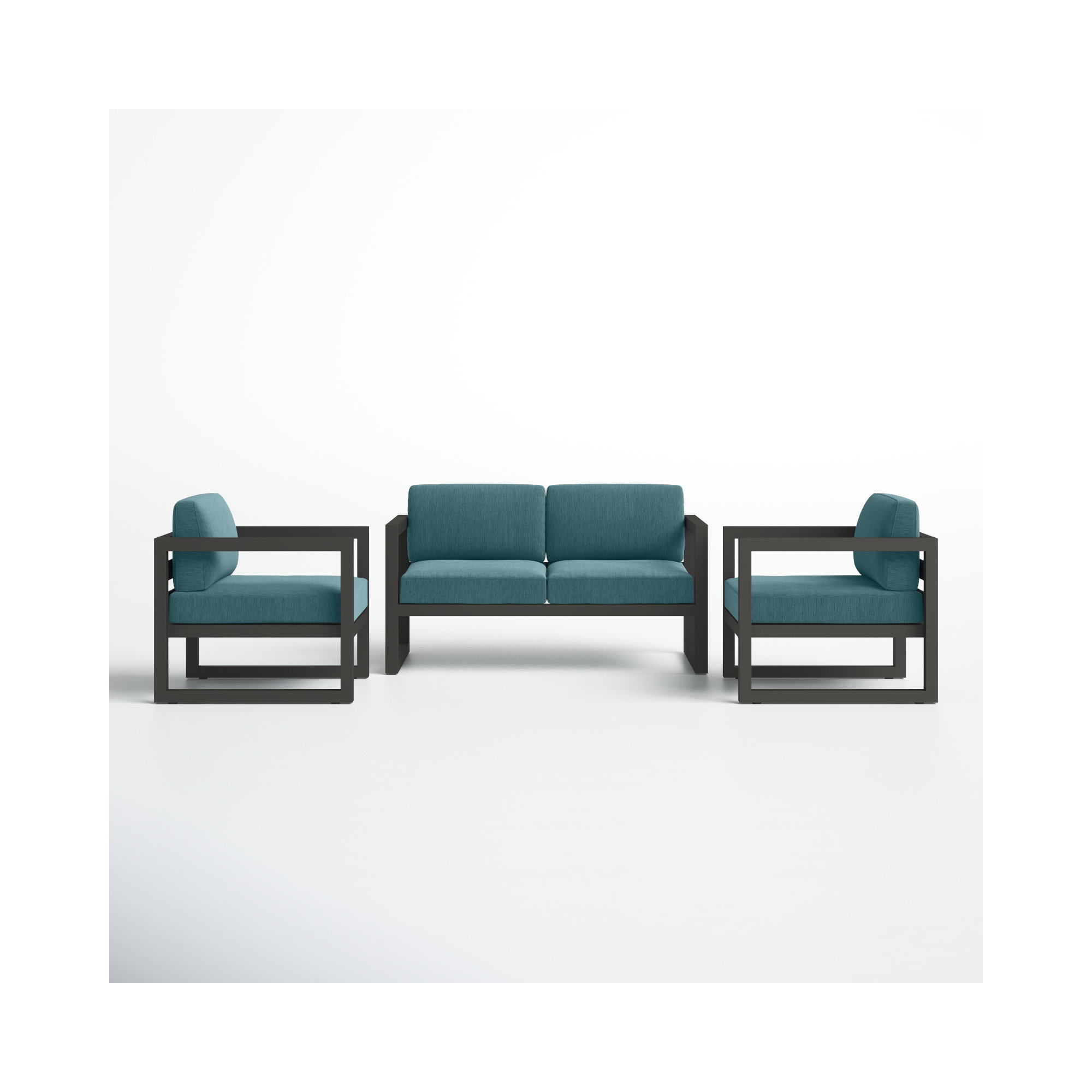 Smith 3 Piece Sofa Seating Group with Sunbrella Cushions, Slate, Cast Lagoon