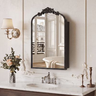 Vintage Medicine Cabinet with Mirror, Wall Mounted Bathroom Storage with Recessed/Surface Mount Options, Baroque Retro Design, Beaded Border, Easy Install Mirror Cabinet
