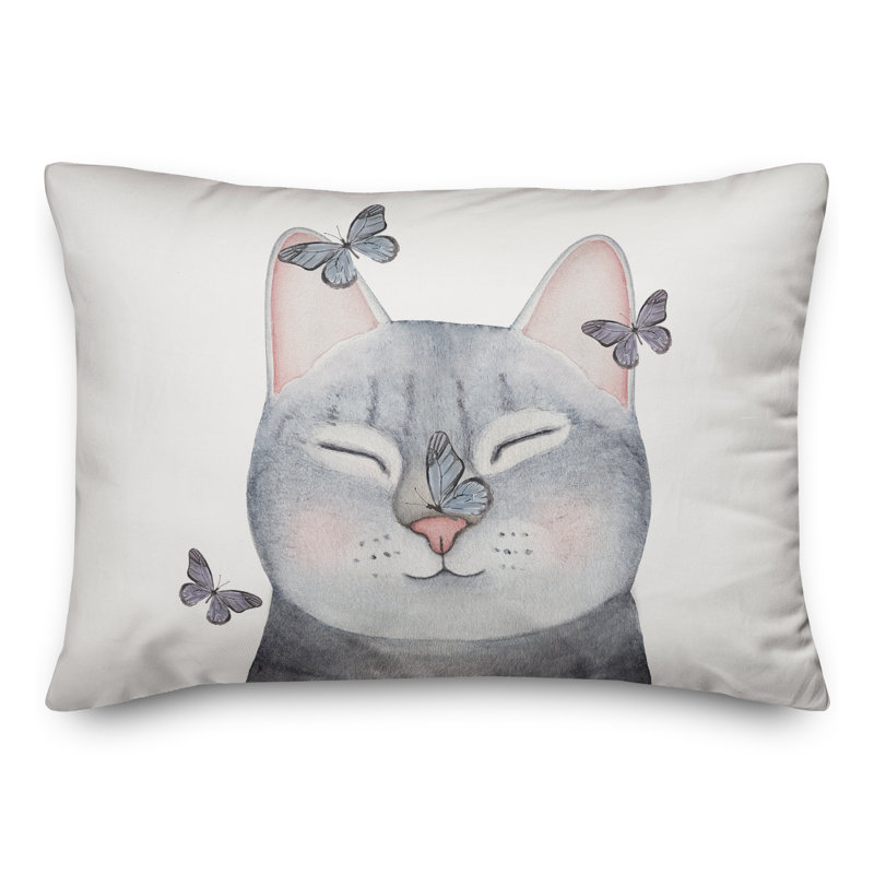 Coussin intérieur / extérieur Chat avec papillons, H 14 po x l 20 po, Rectangle