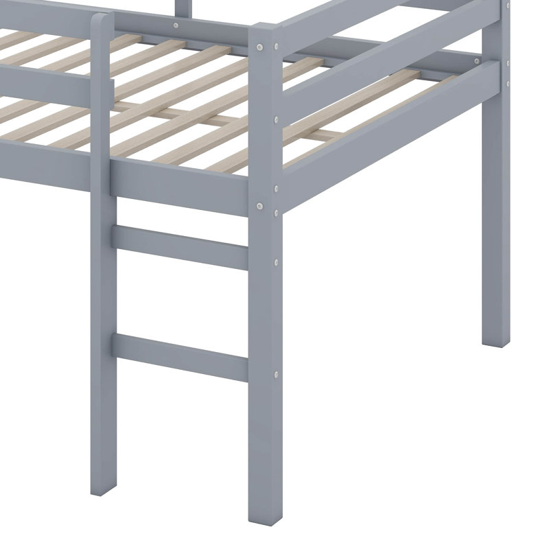 Lit mezzanine double en bois d'hévéa avec échelle, gris