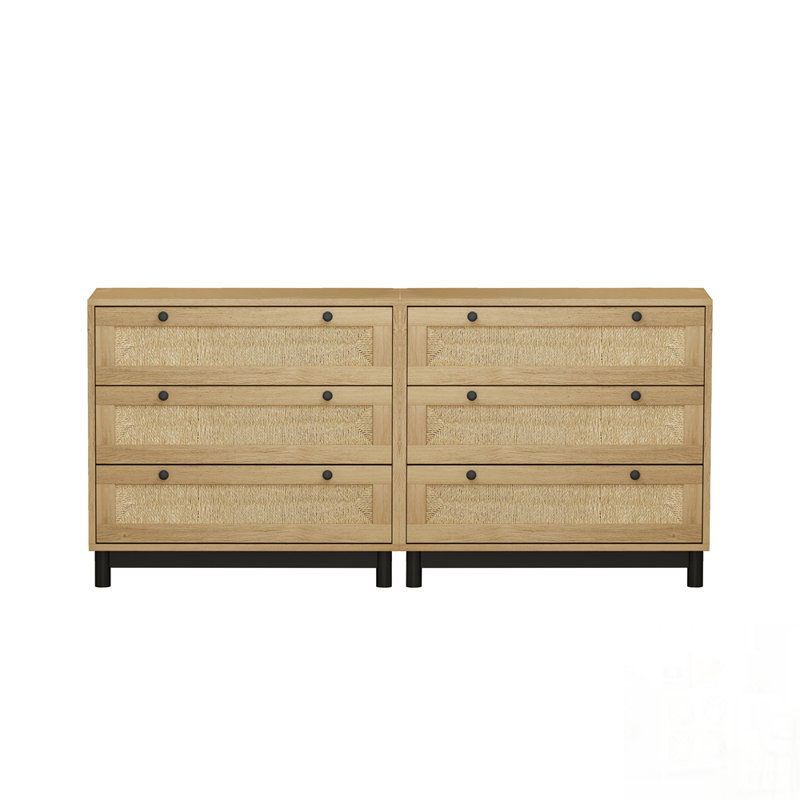 3-Drawers Storage Cabinet with Rope Woven Drawer Panels, Spacious and Stylish for Multiple Rooms, Oak