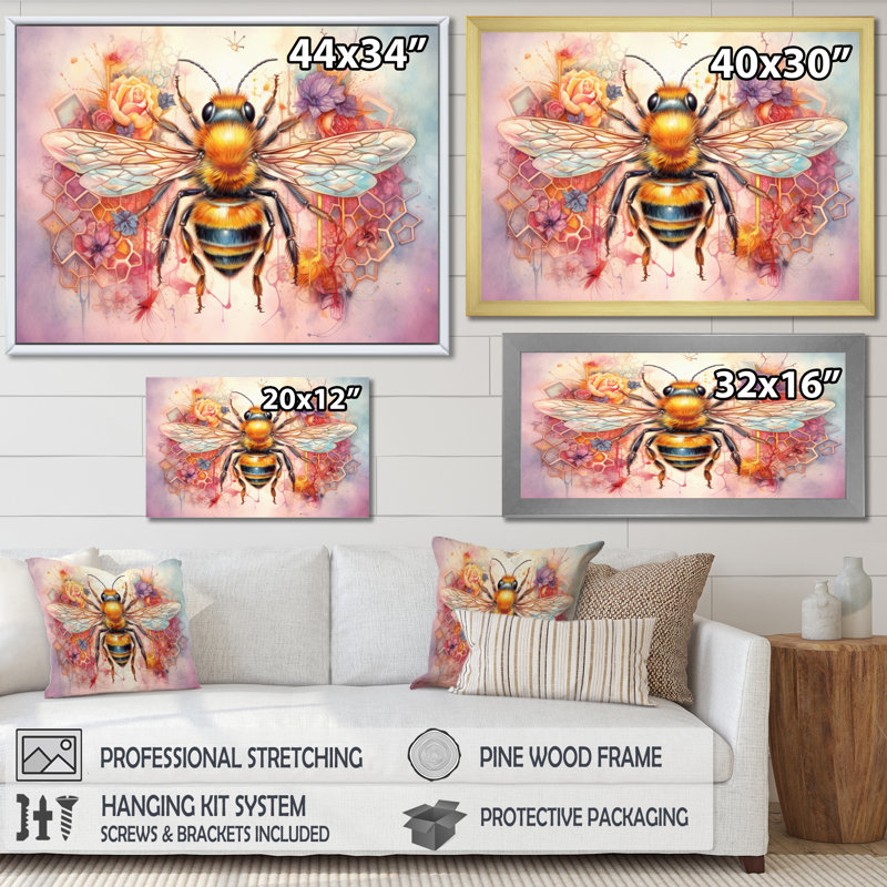 Floral Bee I - impressions sur toile, H 34 po x l 44 po x P 1,5 po, Cadre flottant blanc