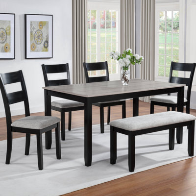 Ensemble de salle à manger 6 pièces avec table rectangulaire, grain de bois vieilli, dossier à lattes larges, sièges rembourrés et tissu neutre rembourré, ensemble de table de salle à manger