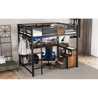 Grand lit mezzanine avec bureau et tiroirs de rangement en tissu non tissé, structure de lit mezzanine en métal avec échelles, sans nosie et sans sommier, noir