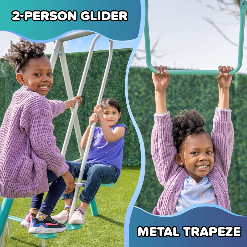 Teal Metal Swing Set with Slide and Trapeze