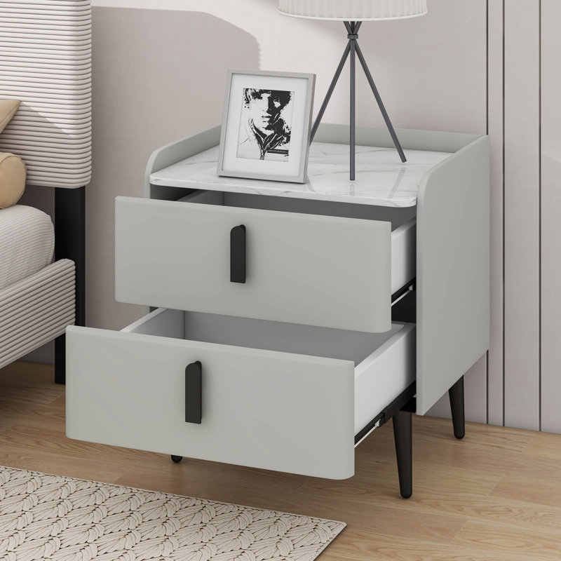 Table de chevet avec 2 tiroirs, table de chevet avec plateau en marbre, Gris