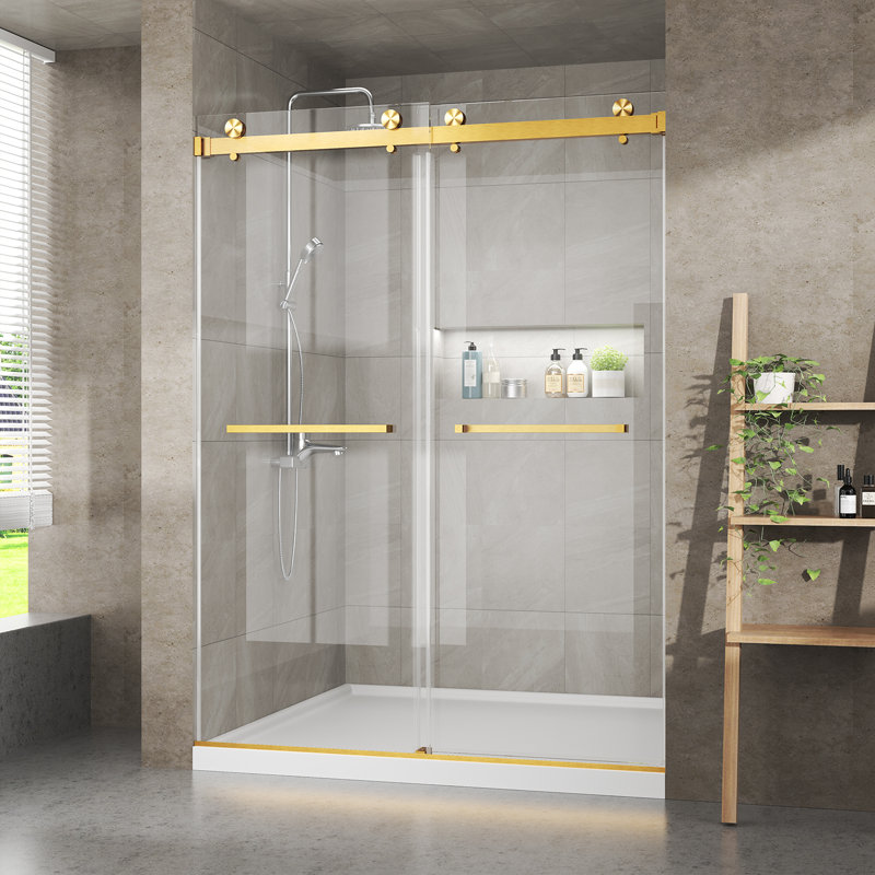 Porte de douche coulissante double sans cadre de 142 à 152 cm (L) x 198 cm (H), en verre trempé transparent de 10 mm, accessoires en acier inoxydable fini or brossé