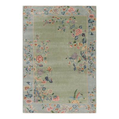 Rug & Kilim’S Chinese Art Deco Rug In Green And Blue With Floral Patterns