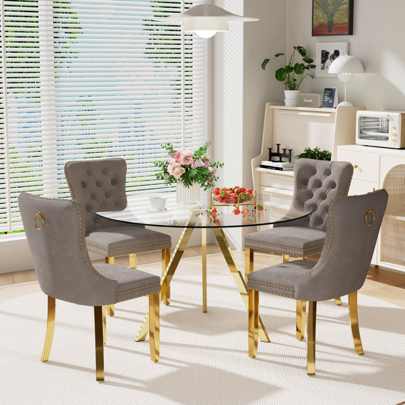 5-Piece Pedestal Gold Dining Set, Gray, 30" H x 47" W x 47" D