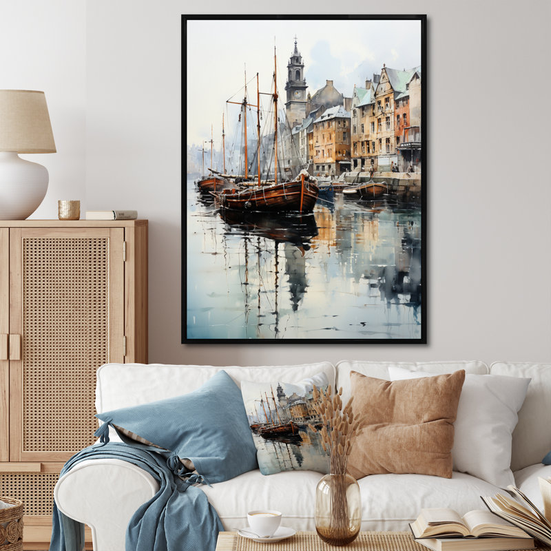 «England Misty Harbor Townengland», reproduction d'art sur toile, H 40 po x l 30 po x P 1,5 po, Cadre flottant noir