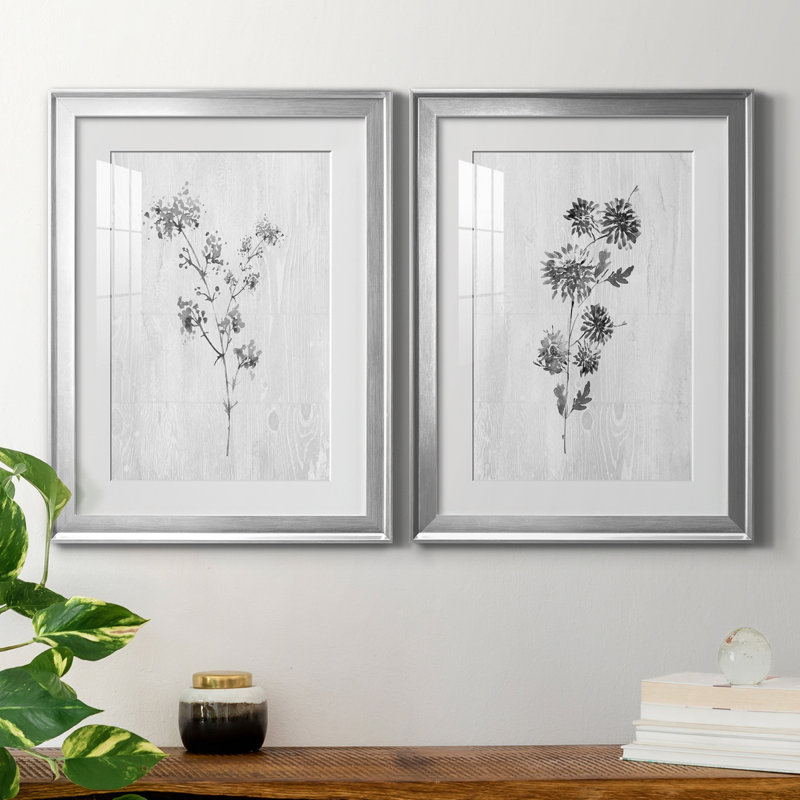 Neutral Meadow I - ensemble de 2 reproductions d'art, H 18,5 po x l 49 po x P 1,5 po, Papier avec cadre argenté, Blanc