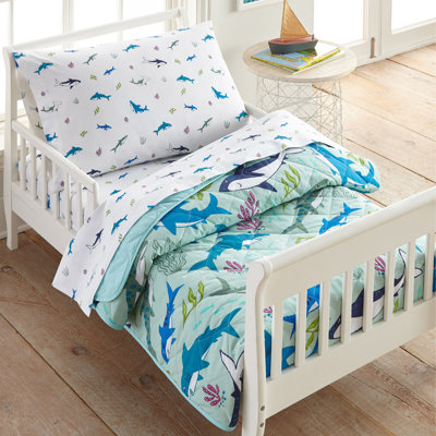 Wildkin 4-Piece Toddler Bed in a Bag – Cotton Comforter, Sheets & Pillowcase for Cozy Cuddles - Shark Attack