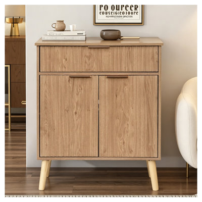 Buffet de cuisine en bois naturel avec 2 portes et 1 tiroir, étagères réglables, pieds en bois massif, idéal pour le salon, l'entrée ou la salle à manger.