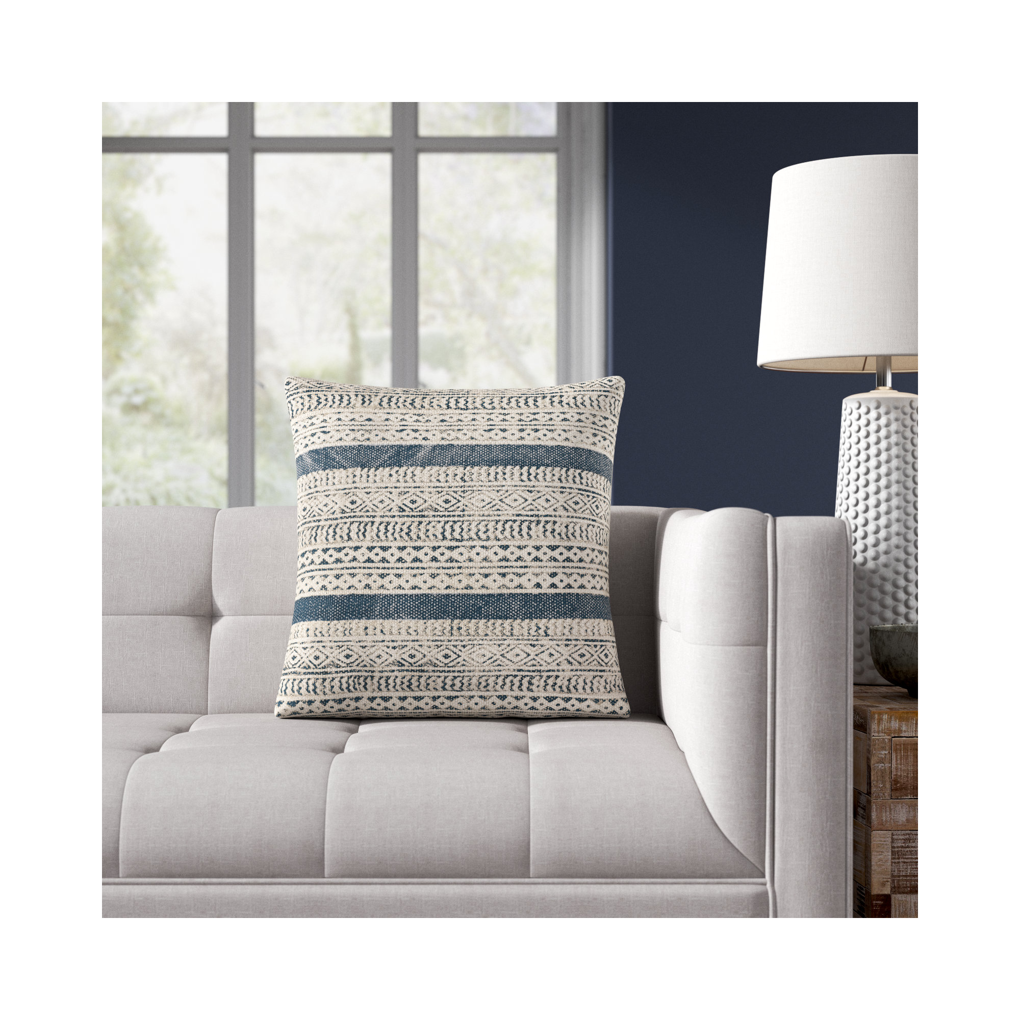 Zetta Geometric Cotton Throw Pillow, 18" x 18", Beige/Denim, Polyester/Polyfill