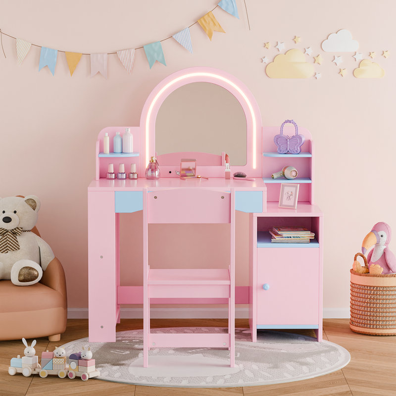 2 in 1 Kids Vanity Set With Mirror And Led Lights, Pink/Blue