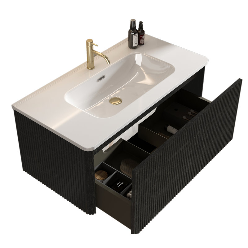 Bathroom Vanity For Modern Living - 36" With Striped Black Oak, White Ceramic Sink Pre-Assembled Brushed Oak Finish, Sink, Stylish Choice