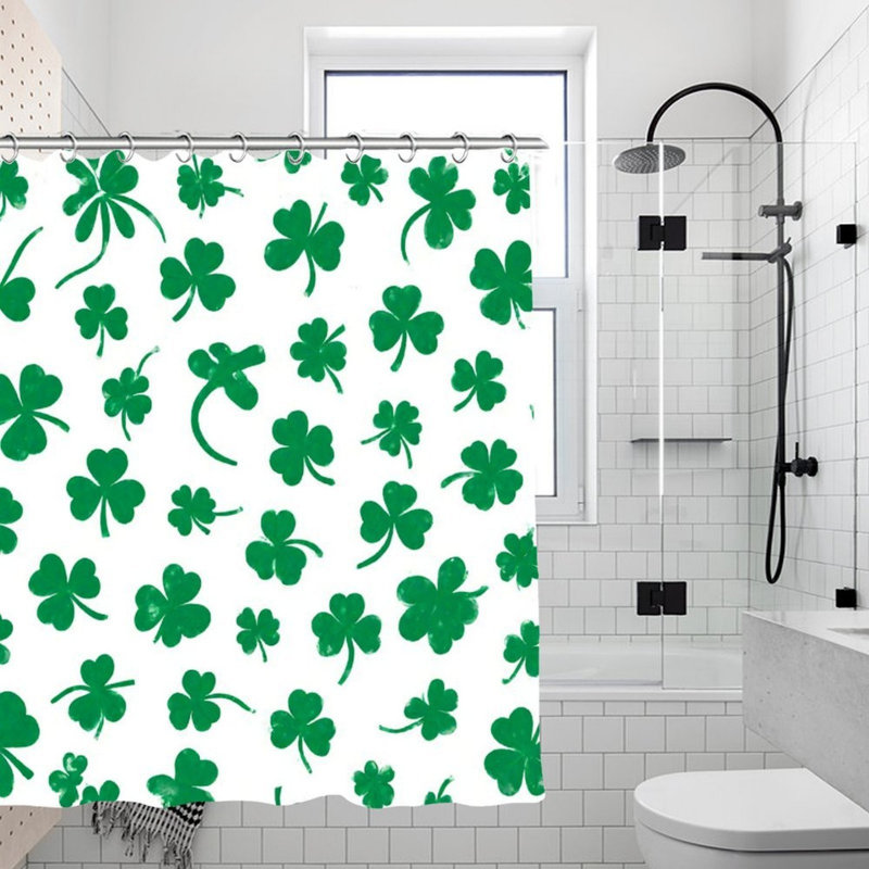 Rideau de douche à motif trèfle vert 72 po x 72 po, décor de la Saint-Patrick blanc