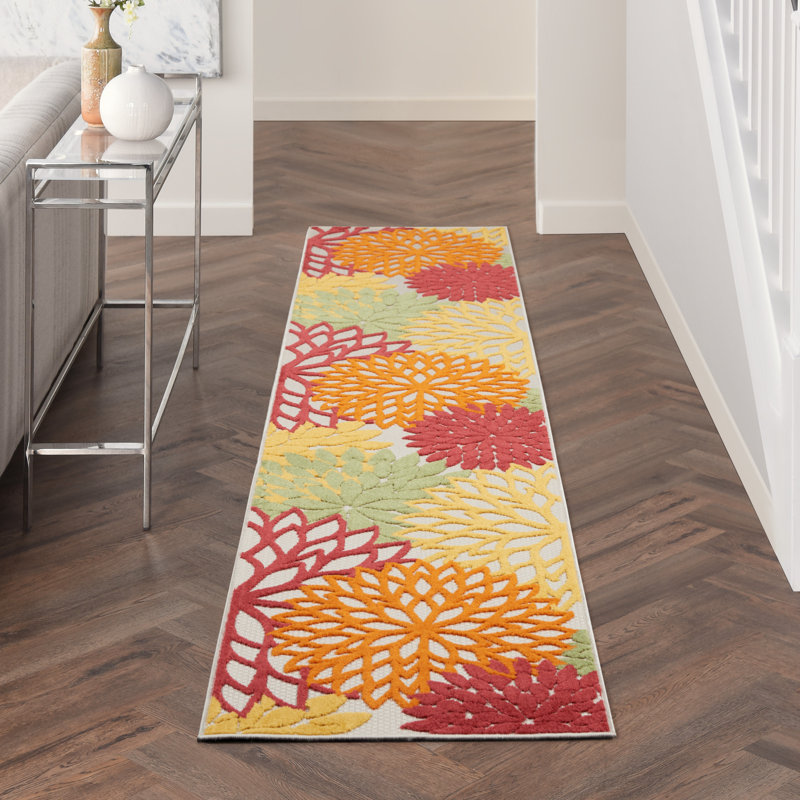 Tapis rouge à motif floral Newton, Tapis de couloir 2 pi 3 po x 10 pi