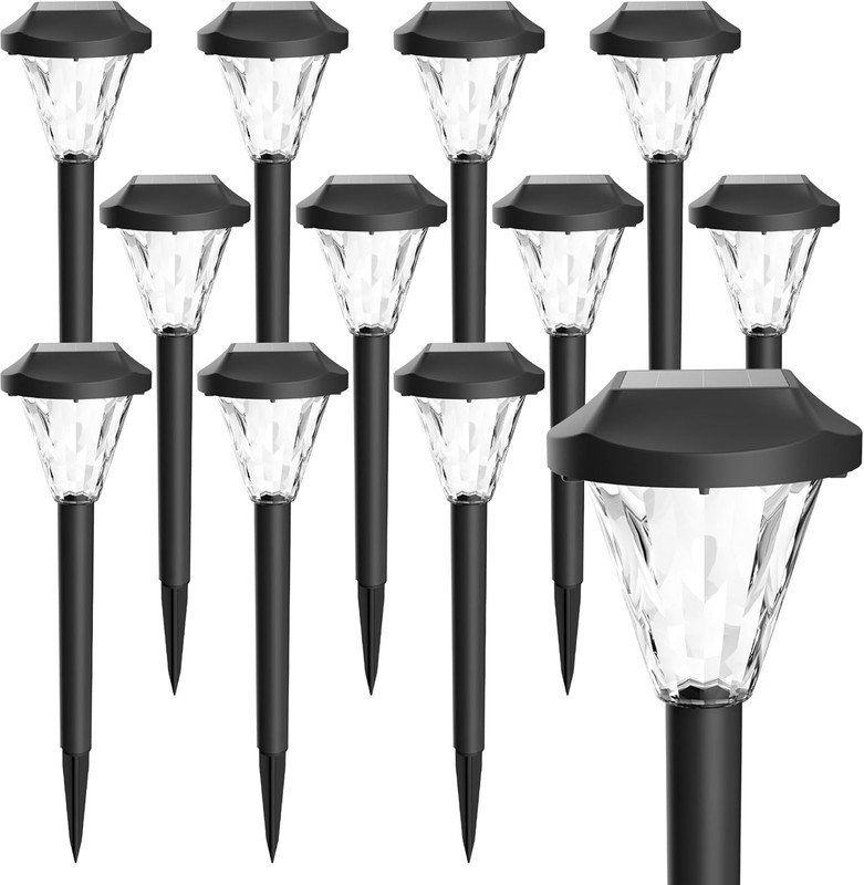 Paquet de 12 lumières solaires extérieures, lumières solaires de jardin imperméables améliorées pour le patio, la pelouse et la cour, éclairage de paysage blanc froid
