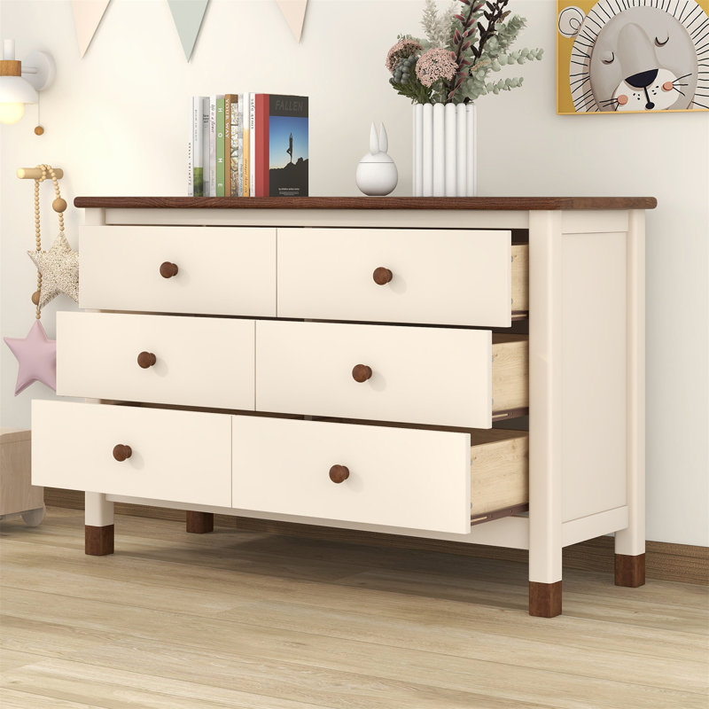 Commode de rangement 6 tiroirs en bois, Crème, noyer