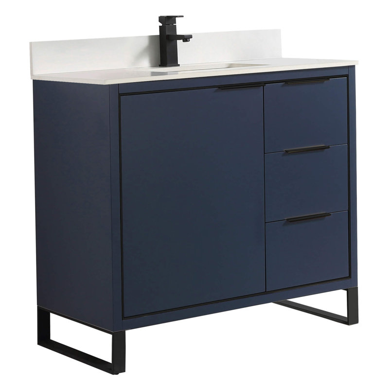 Geselle 36'' Single Bathroom Vanity with Stone Top, Matte Black, Navy Blue