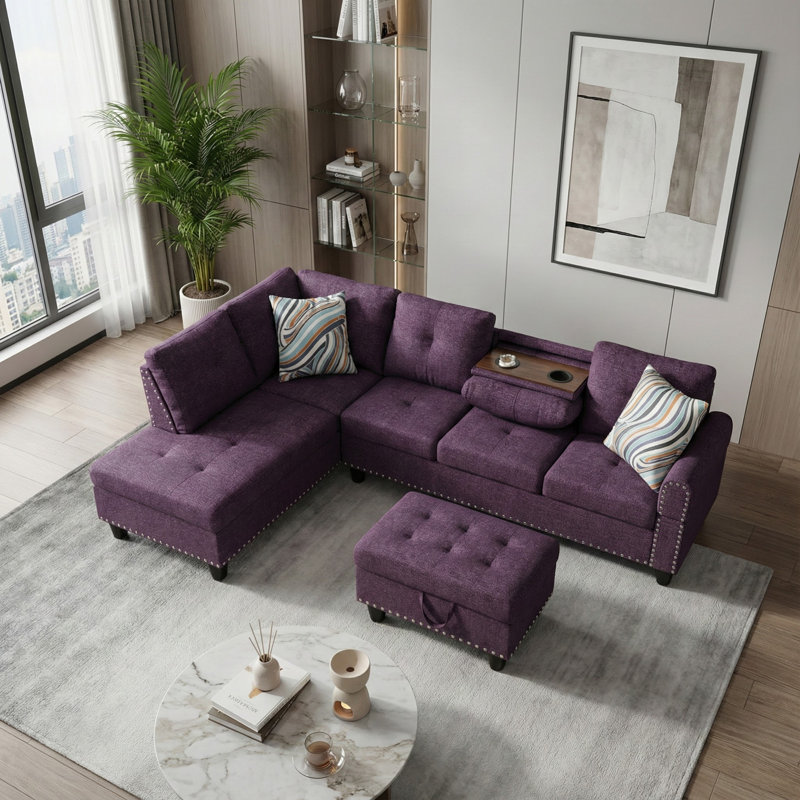 Upholstered Sectional With Hidden Table And Storage Ottoman-Purple, Purple Linen, Left Hand Facing