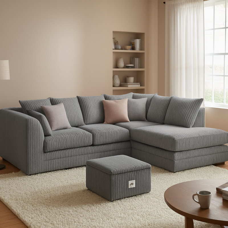 Jumbo Cord Upholstered Corner Sofa Small Back Cushion with Foot Stool , Grey, Right Hand Facing