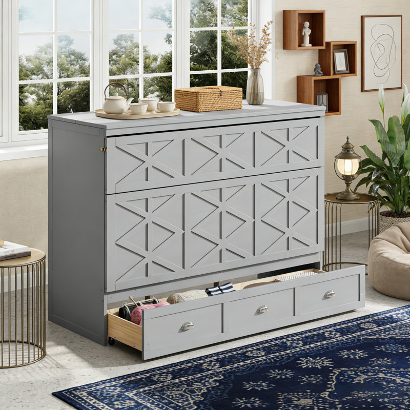 Grand lit escamotable grand avec grands tiroirs et USB, conception compacte et élégante pour la vie moderne, gris
