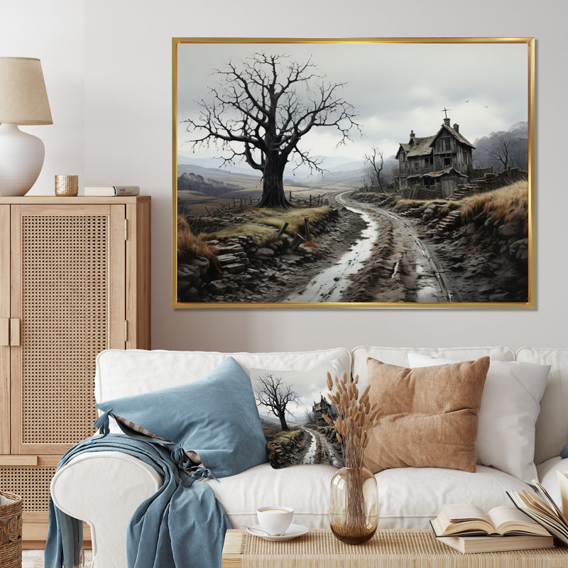«Lonely House Country Road», reproduction sur toile, Cadre flottant doré, H 16 po x l 32 po x P 1 po