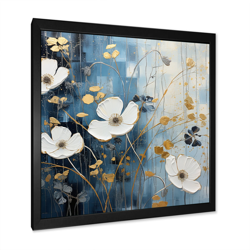 Minimalisme blanc et bleu - Impression sur toile Buttercups, Cadre photo noir, H 16 po x l 16 po x P 1 po