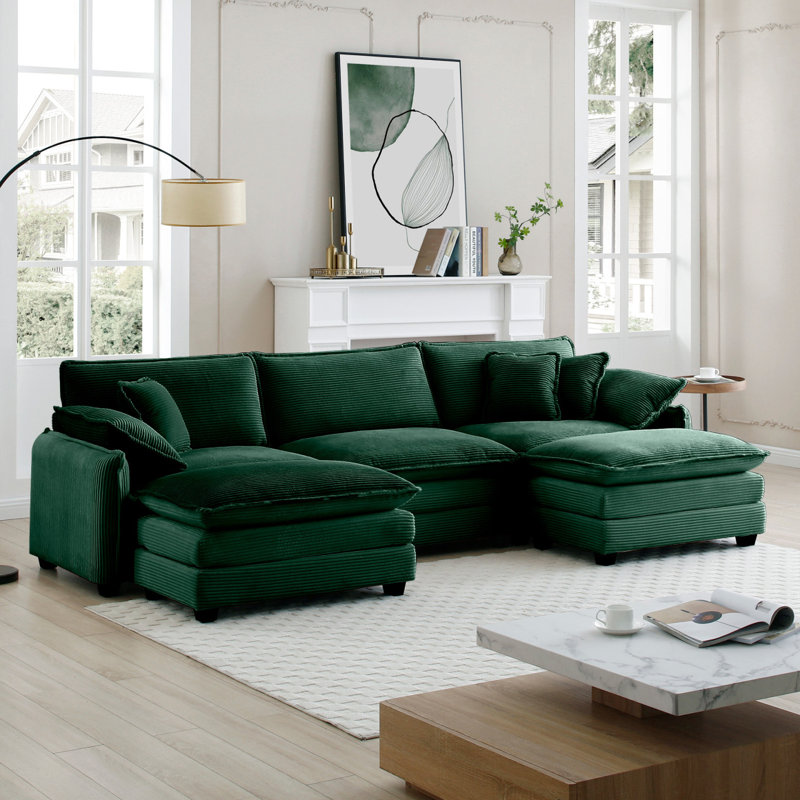 Oversized Modular Cushioned Sofa With Conversible Ottoman, Green, 33.85" H x 115.34" W x 34.25" D