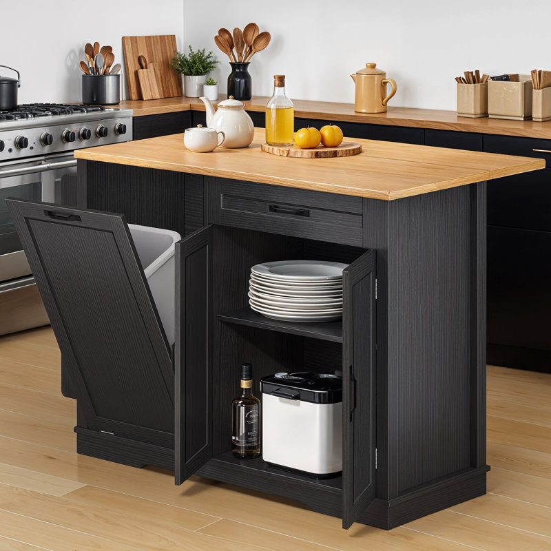 Tashala 45.3"x25.4" Kitchen Island Kitchen Cart on Wheels, Kitchen Bar Table with Drop Leaf and Tilt Out Trash Can Storage Cabinet