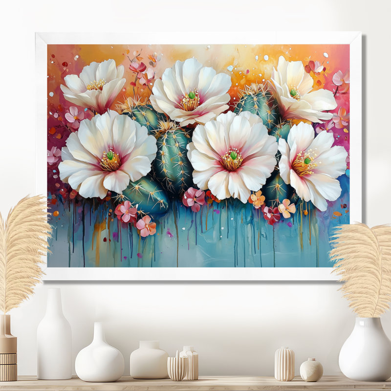 Cactus rose et blanc - Cactus, art mural, H 34 po x l 44 po, Cadre simple, Blanc