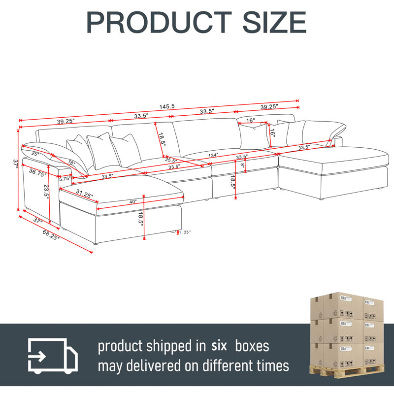 Canapé modulaire moderne en U de 6 pièces avec repose-pieds double de 146 po, Polyester beige