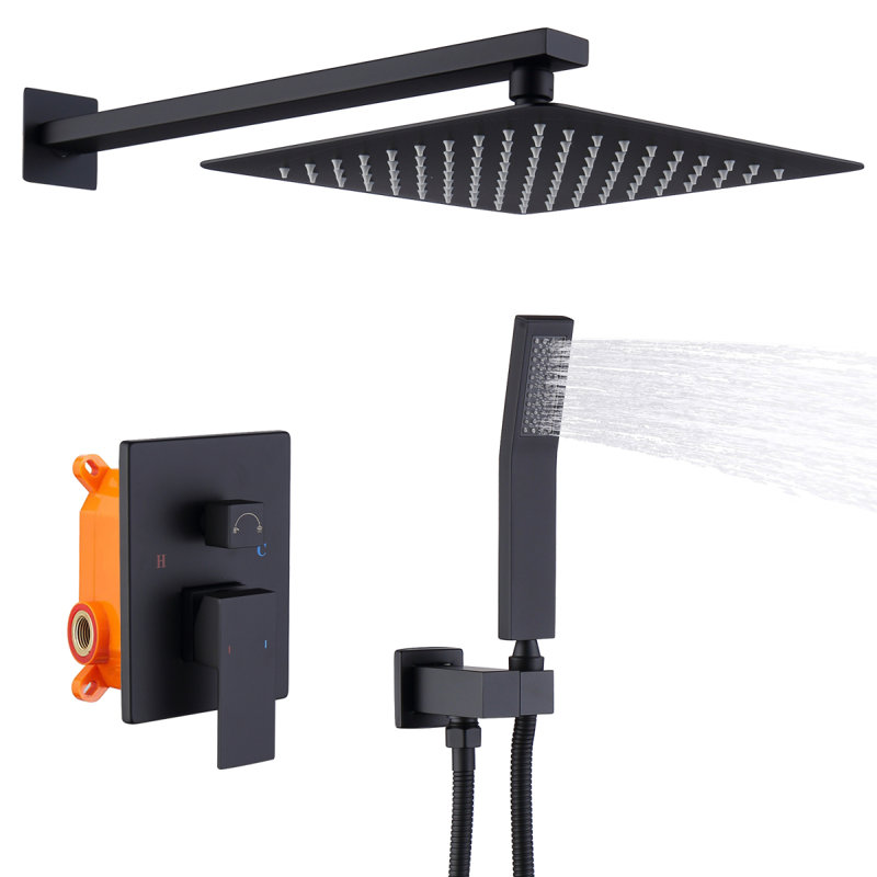 Shower System Shower Faucet Combo Set Wall Mounted With 10" Rainfall Shower Head And Handheld Shower Faucet, Matte Black Finish With Brass Valve Roughin