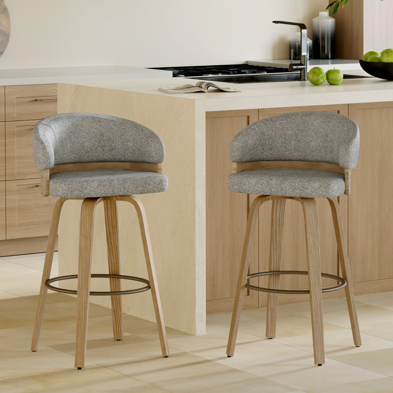 Tabouret tournant 30 "rembourré avec structure en bois, Siège gris / structure en chêne, Bar Stool (30" Seat Height)