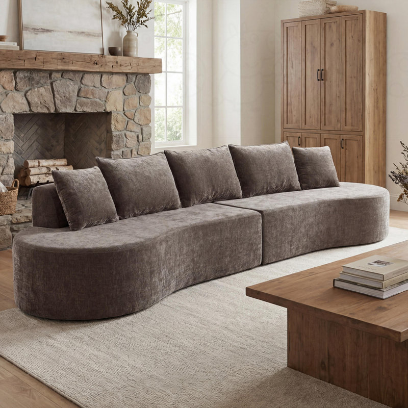 Canapé modulaire incurvé moderne 138,6 po avec éponge entièrement compressée haute densité, Marron clair