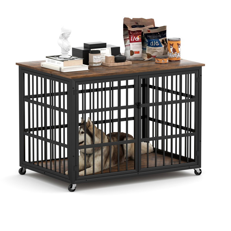 Cage pour chien de style meuble brun l 43,3 po x P 29,9 po x P 33,5 po, vue dégagée pour surveiller votre animal de compagnie, ouverture par le haut, cadre en fer, entrée à double porte, mouvement des roues, installation rapide, bon
