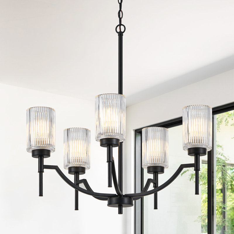 Lustre noir 5 lumières avec abat-jour en verre nervuré transparent