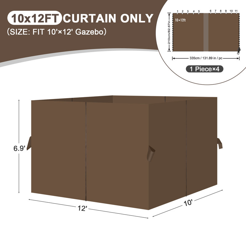 Aoodor Replacement 4-Panel Gazebo Sidewall Curtains, Brown, 82.7" H x 120" W x 144" D