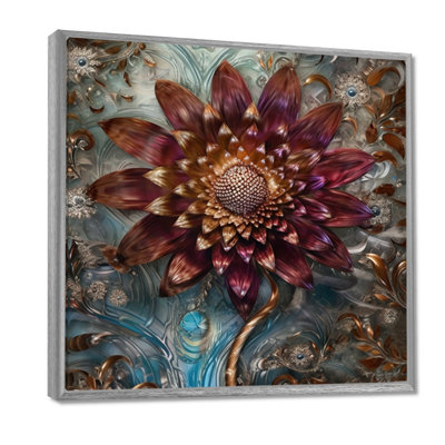 Mysterious Retro Dahlia Flower On Turquoise - Dahlia, reproduction sur toile encadrée