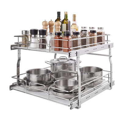 2 Tier Pull Out Cabinet Organizer 20"W x 21.22"D Slide Out Drawers, Chrome-Plated Finish, Heavy-Duty Steel Storage Sliding Shelves for Base Cabinets, Designed for Kitchen Bathroom Pantry Organization