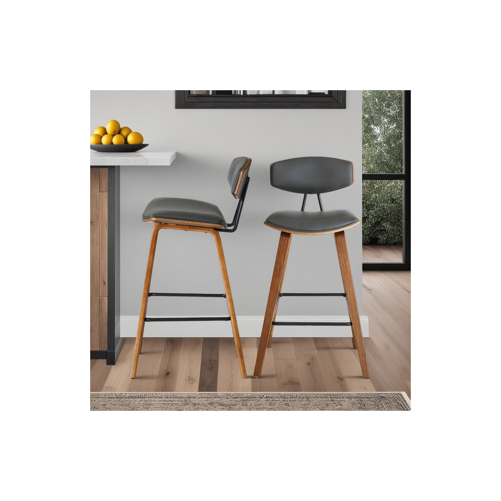 Payton Vegan Leather Bar & Counter Stool, Bar Stool (29" Seat Height), Gray Faux Leather, Walnut