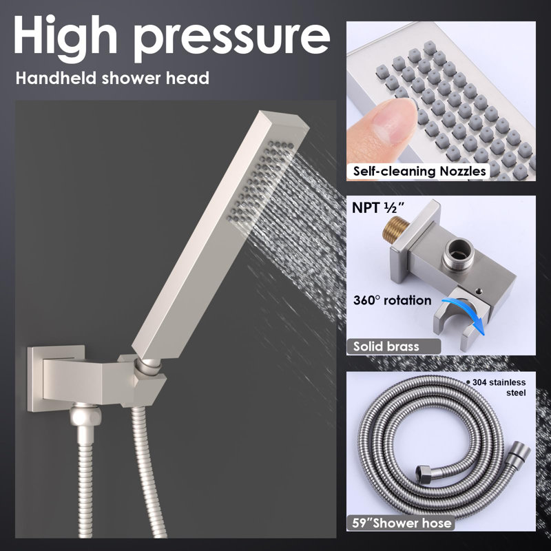 Bathroom Square Solid Brass Hand Held Shower Head With Wall Connector And Hose System Wall Mount Handheld Showerheads Set