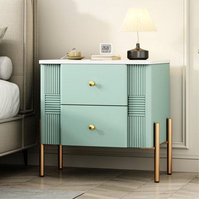 Table de chevet moderne minimaliste, 2 tiroirs de rangement, pieds en métal doré, glissières de haute qualité, utilisation multi-scène, facile à nettoyer, table de bout cannelée à fonction coulissante, style, tiroirs pour magazines et