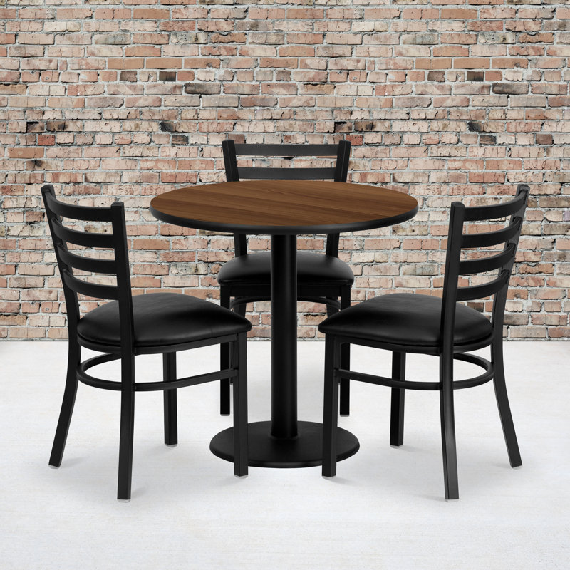 Clark 30" Round Walnut Laminate Table Set with 3 Metal Chairs - Vinyl Seat