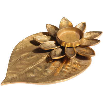 Porte-bougie laiton laiton Paan Patta | Bougeoir 4,5 po inspiré de la nature à la main H | Décoration de table à finition antique multi-tons | Fabriqué en Inde 